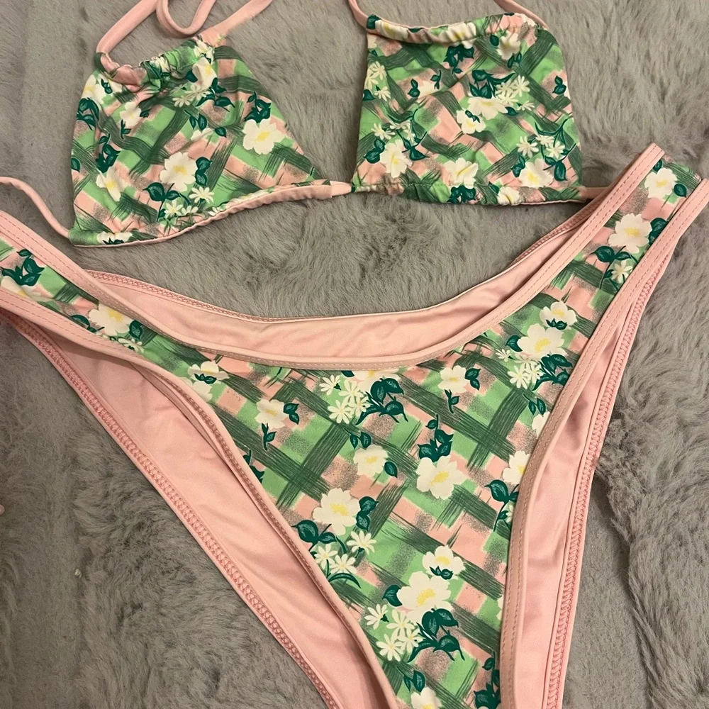 Frankie's Bikinis Pink and Green Floral Two-Piece Bikini